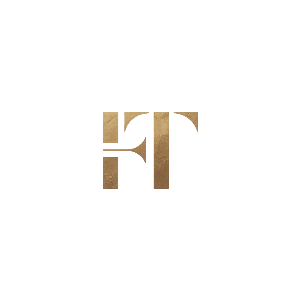 Minimalist luxury logo design, monogram letters FT that stands for Farecci Tech, golden beige colors